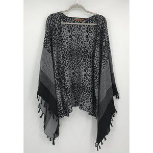 Belldini Black And Gray Animal Print Shawl Ruana Wrap With Fringe Tassels Size L